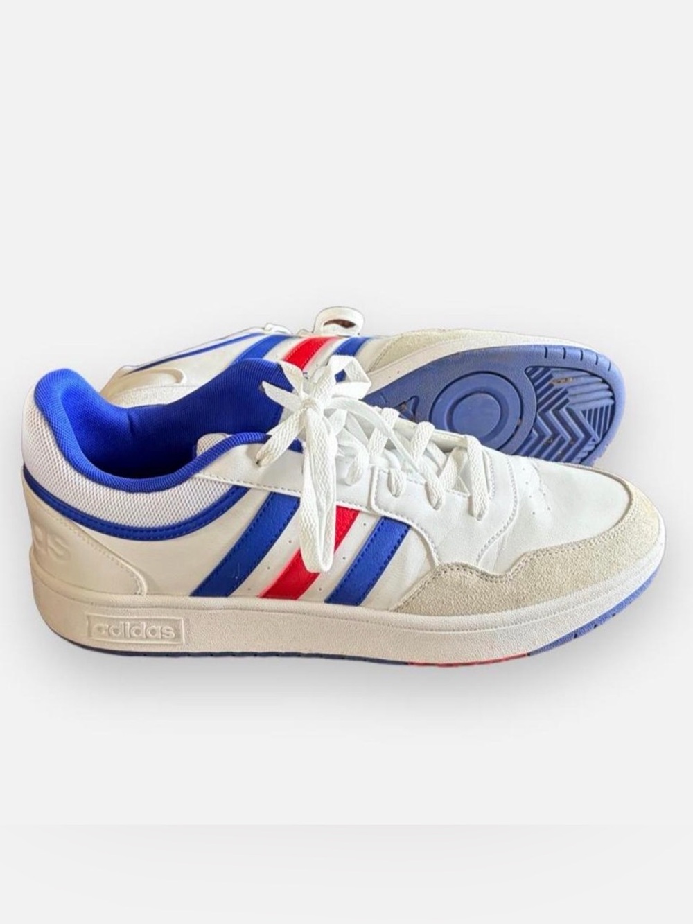 adidas Kids White Sneakers with Blue & Red Stripe Accents